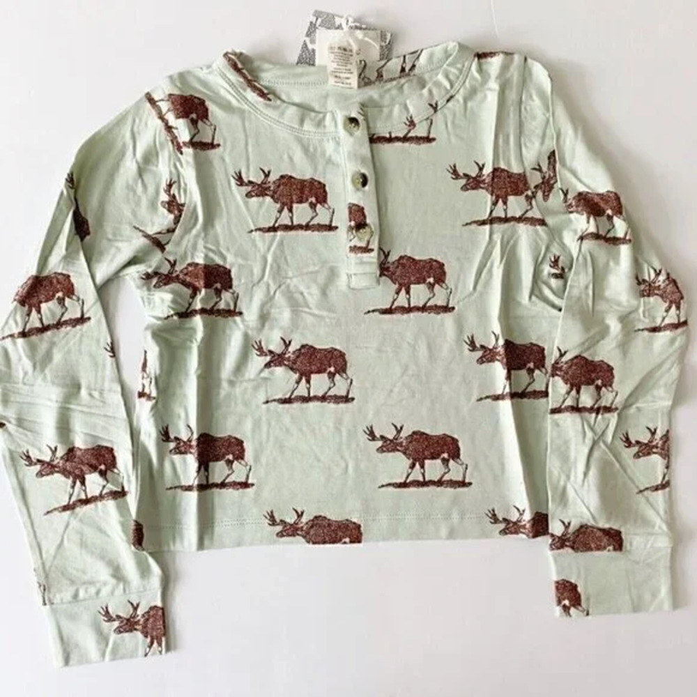 NWT Kate Quinn Elk Moose Long Sleeve Henley Shirt Bamboo 7/8 Y